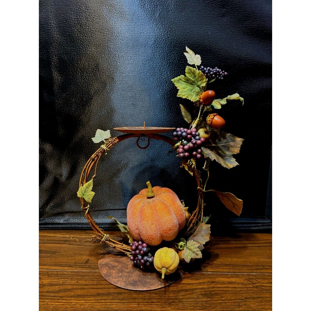Vintage Home Interiors Harvest Autumn Pumpkin & Grapes Wreath Candle Holder